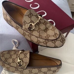 Gucci Women's Tan Monogram Loafers with Gold Detail